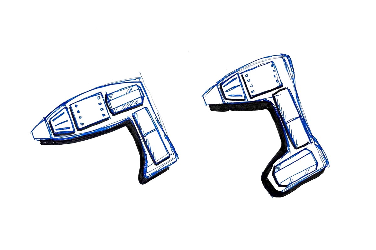 ハンドツール型の装置を2方向から描いた手描きスケッチ。青いペンで外形と操作部、黒で影を入れた方向性検討段階のもの
